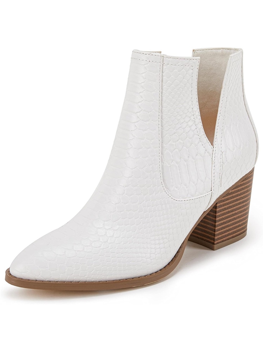 White Snakeskin V Cut Ankle Booties Chunky Block Mid Heel